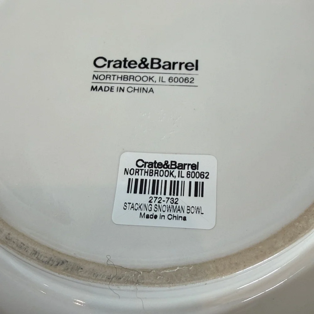 CRATE & BARREL 3PC. SNOWMAN STACKABLE BOWL SET. Great for dips, candy, etc.